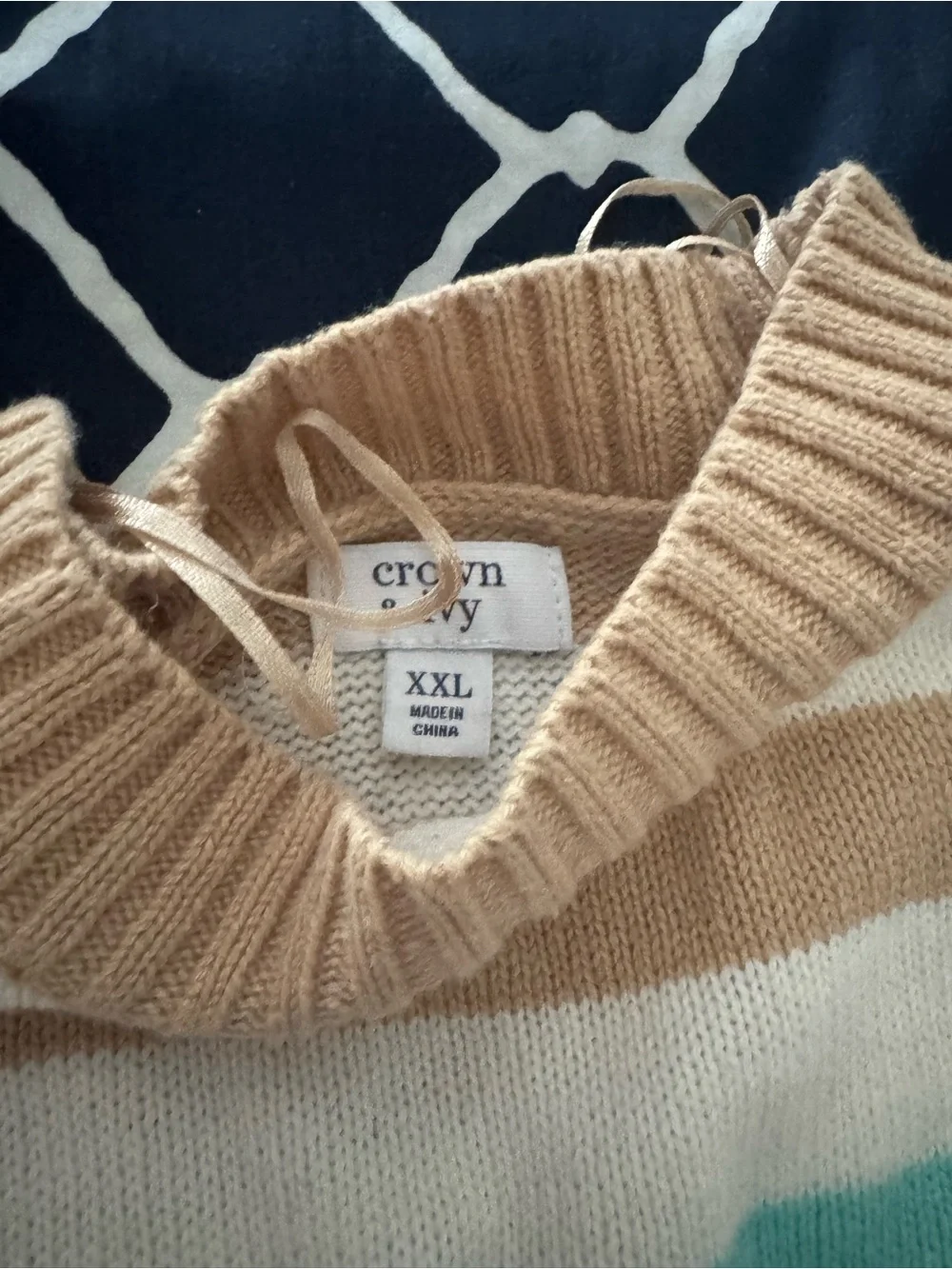 Crown & Ivy Striped Crewneck Sweater in Beige with Pink & Red Accents